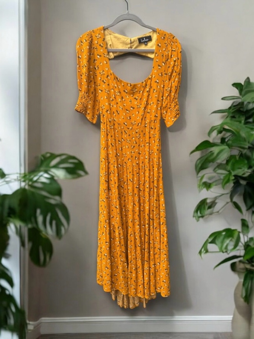 Lulus Frolic with Me mustard yellow floral print tie-back maxi dress large